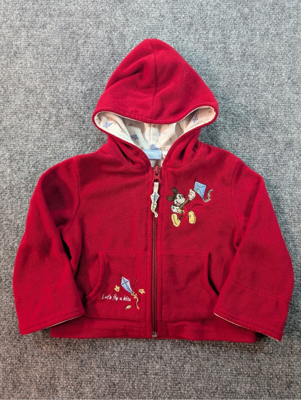 Vintage Y2K Mickey Mouse Red Fleece Jacket Let's Fly A Kite 12 Months